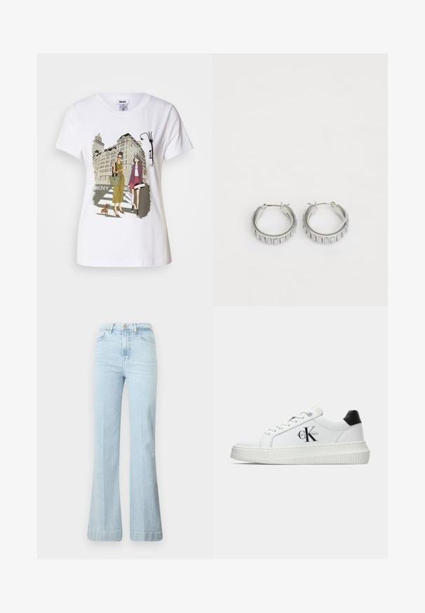 Fehér pamut póló, amelyen nyomtatott illusztráció látható két nő városi divatstílusban, egy kutyával a zebrán és városi épületekkel a háttérben.; Világoskék, harangszárú farmernadrág. Magas derékkal, cipzáros zárással és két elülső zsebbel rendelkezik. Finom kopás a szöveten, tiszta szegély.; Fehér alacsony szárú edzőcipő fekete saroktabbal, platform talppal, fűzőkkel és Calvin Klein "CK" logóval az oldalán.; Ezüst fülbevalók, texturált mintával, függőleges barázdákkal. Kerek forma, biztos záródással. Sima felület.