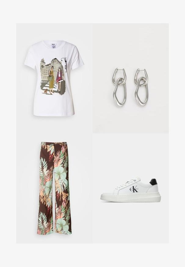 T-shirt en coton blanc avec une illustration imprimée de deux femmes en styles de mode urbaine, accompagnées d'un chien sur un passage piéton, avec des bâtiments de la ville en arrière-plan.; Pantalons larges en tissu marron foncé avec un motif floral et feuillu éclatant dans des teintes de vert, rouge et pêche. Matière douce et légère.; Baskets basses blanches avec un tab de talon noir, semelle plateforme, lacets et logo "CK" de Calvin Klein sur le côté.; Calvin Klein STATEMENT LINKS - Boucles d'oreilles - silver-coloured