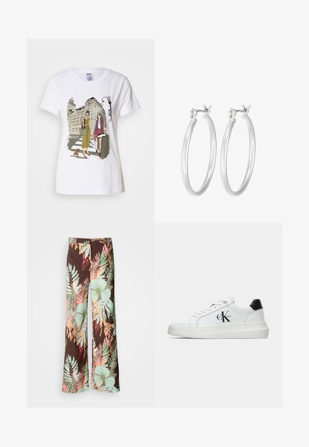 White cotton T-shirt featuring a printed illustration of two women in urban fashion styles with a dog on a crosswalk and city buildings.; Wide-leg trousers featuring a dark brown fabric with a vibrant floral and leafy pattern in shades of green, red, and peach. Soft, lightweight material.; White low-top sneaker with black heel tab, platform sole, laces, and Calvin Klein "CK" logo on the side.; Silver hoop earrings with a smooth, polished finish. Round shape and secure click-top closure. Lightweight design suitable for everyday wear.