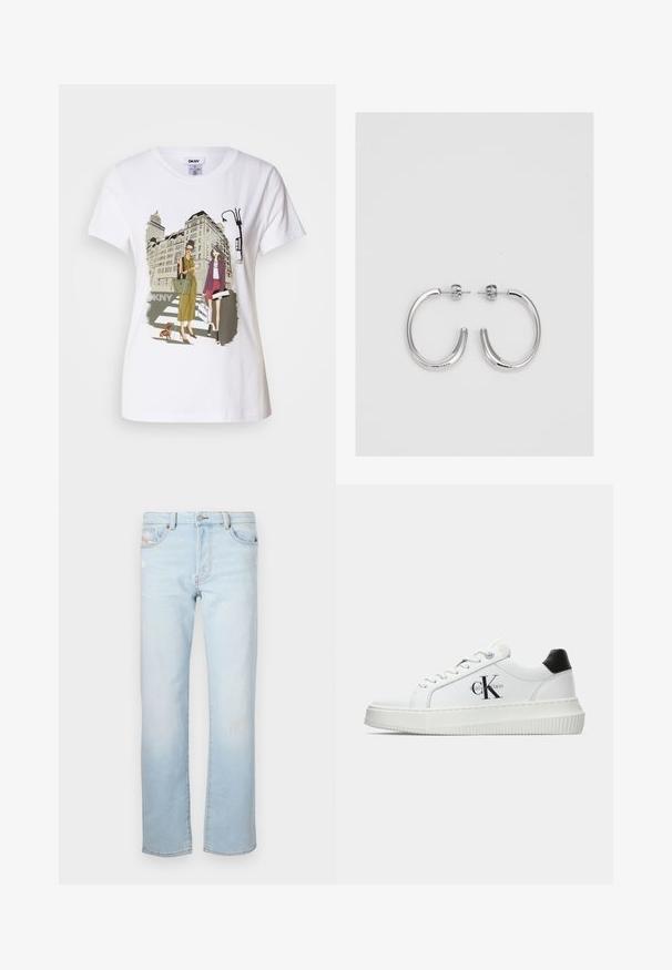 Baltos medvilnės marškinėliai su spausdinta iliustracija, kurioje pavaizduotos dvi moterys urbanistiniais mados stiliais su šunimi perėjimo zonoje ir miesto pastatai.; Šviesiai mėlynos džinsų kelnės su tiesiu kirpimu, su nedideliais nusidėvėjimo požymiais, penkiomis kišenėmis ir sagčių uždarymu.; Balti žemakulniai bateliai su juodu kulno dangteliu, platformos padu, raišteliais ir Calvin Klein "CK" logotipu šone.; Sidabrinės auskarai žiedai su lygiu, blizgiu paviršiumi. Suapvalinta forma, lengvas dizainas, su uždarymu ant smeigtuko.