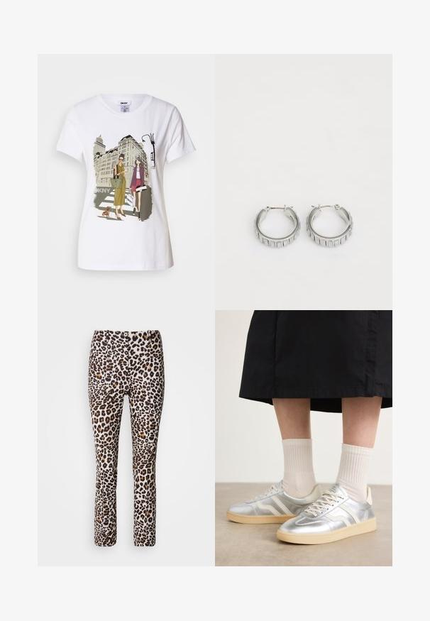 White cotton T-shirt featuring a printed illustration of two women in urban fashion styles with a dog on a crosswalk and city buildings.; Leopard print pants in a blend of beige, brown, and black with a fitted design and flared hem, featuring a front button closure.; Silver synthetic sneakers with white stripes, cream sole, and textured surface; paired with light ribbed socks and a black skirt.; Silver hoop earrings with a textured design featuring vertical ridges. Circular shape with a secure latch closure. Smooth finish.