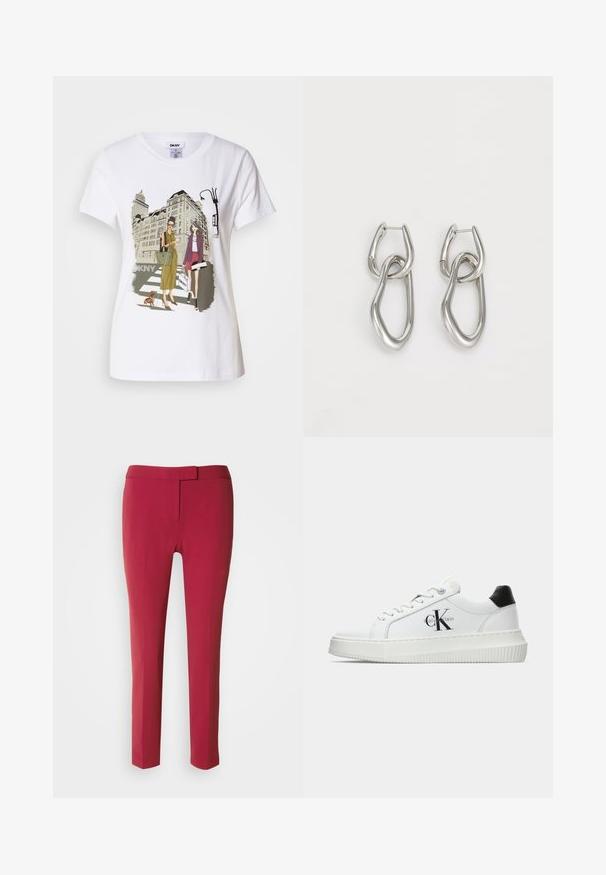 White cotton T-shirt featuring a printed illustration of two women in urban fashion styles with a dog on a crosswalk and city buildings.; Red tailored trousers with a smooth texture, slim fit, and a flat front. Designed with a narrow waistband and no visible pockets.; White low-top sneaker with black heel tab, platform sole, laces, and Calvin Klein "CK" logo on the side.; Calvin Klein STATEMENT LINKS - Earrings - silver-coloured