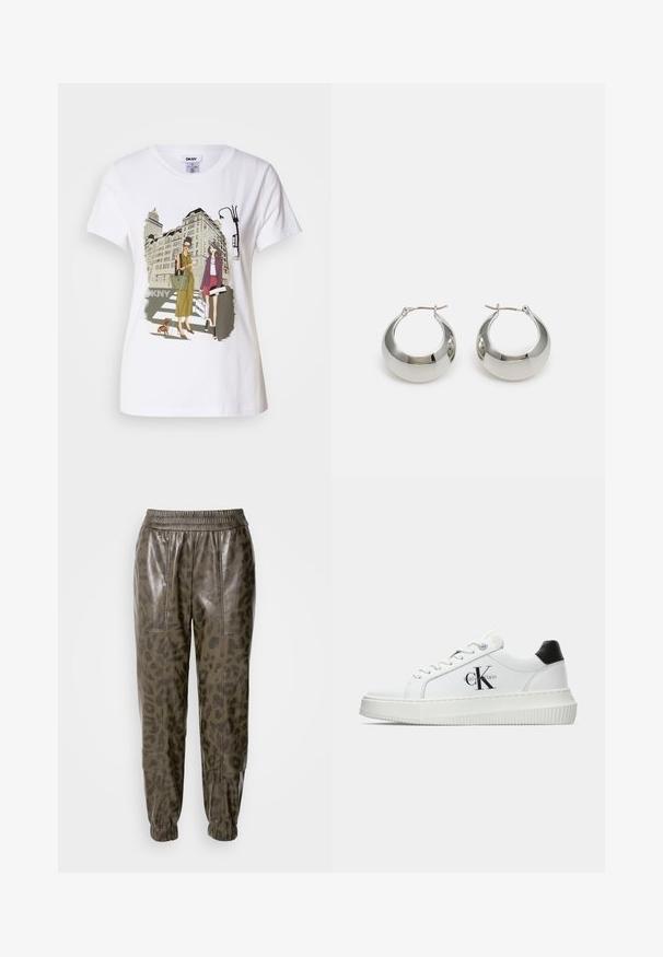 White cotton T-shirt featuring a printed illustration of two women in urban fashion styles with a dog on a crosswalk and city buildings.; Olive green faux leather joggers with a leopard print pattern, featuring an elastic waistband and cuffed ankles, smooth texture, and pockets.; White low-top sneaker with black heel tab, platform sole, laces, and Calvin Klein "CK" logo on the side.; Silver metal hoop earrings with a smooth, shiny surface and a structured, rounded design. Features a hinged clasp for secure wear.