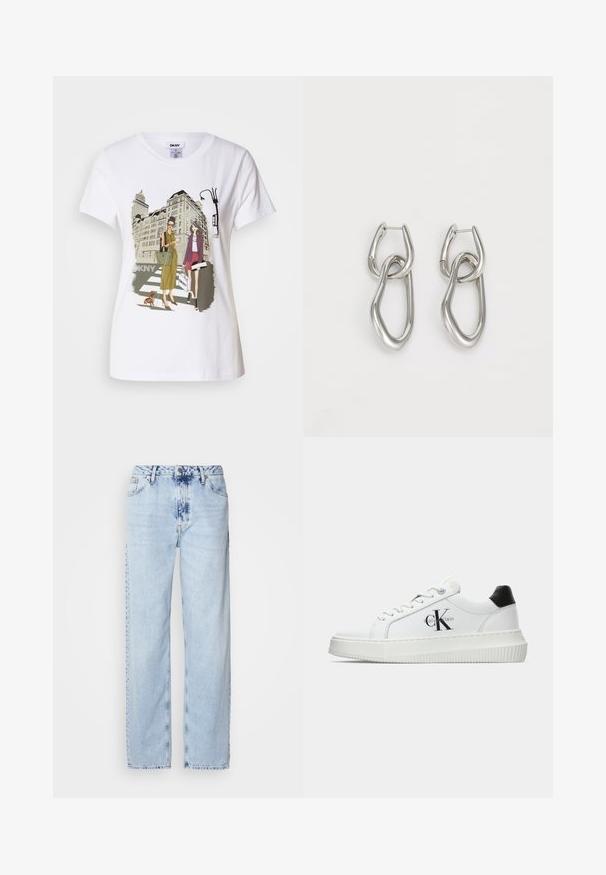 Hvit bomulls T-skjorte med trykt illustrasjon av to kvinner i urbane motestiler med en hund på et fotgjengerfelt og bybygninger.; Lyseblå vide jeans laget av denim, med høy midje, falmet vask og subtilt tie-dye mønster foran.; Hvite lavsko med svart hæltab, plattformsåle, snøringer og Calvin Klein "CK" logo på siden.; Calvin Klein STATEMENT LINKS - Øredobber - silver-coloured