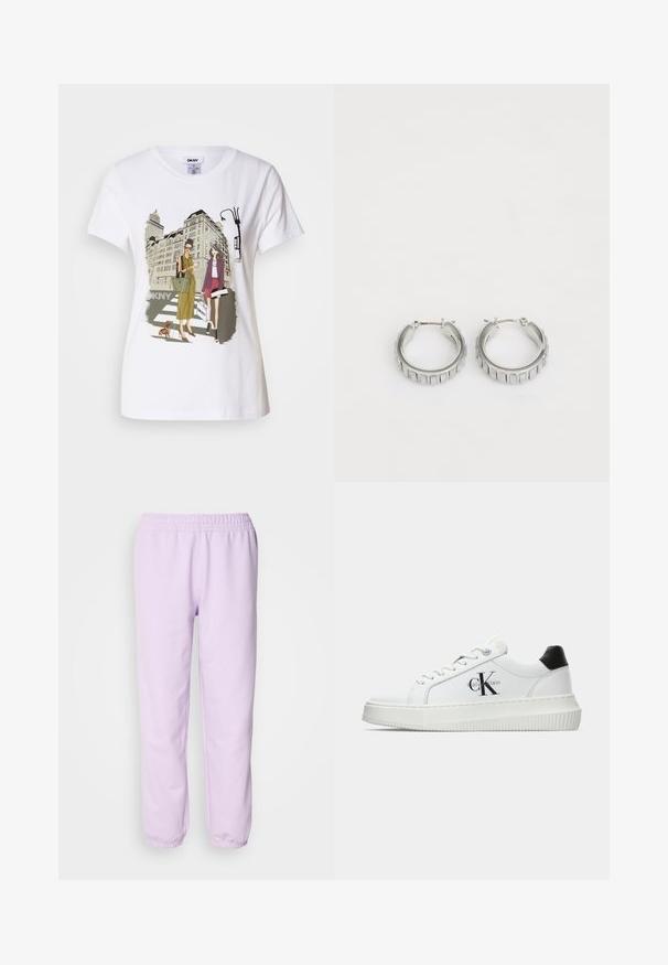 Balta kokvilnas T-krekls ar divu sieviešu, kas ģērbtas urbanā stilā, zīmējumu, uz kura redzams suns uz gājēju pārejas un pilsētas ēkas.; Gaiši violetas sporta bikses, izgatavotas no mīksta auduma, ar elastīgu jostasvietu un elastīgām aprocēm pie potītēm. Vienkāršs dizains, bez rakstiem.; Baltā zema topa sporta apavas ar melnu papēža cilni, platformas zoli, auklēm un Calvin Klein "CK" logo sānos.; Sudraba gredzena auskari ar faktūras dizainu, kas ietver vertikālas rievas. Apaļa forma ar drošu aizdari. Gluda apdare.