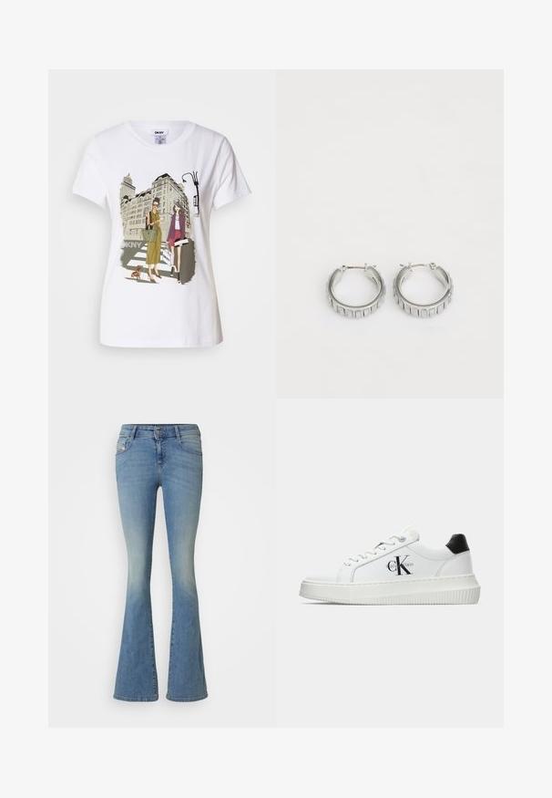 Camiseta de algodón blanca con una ilustración impresa de dos mujeres con estilos de moda urbana, un perro en un paso de peatones y edificios de la ciudad.; Vaqueros de mezclilla de color azul claro con efecto desgastado. Tienen un cierre de botón, cinco bolsillos y costuras visibles a lo largo de las costuras.; Zapatilla baja blanca con talón negro, suela de plataforma, cordones y logotipo "CK" de Calvin Klein en el lado.; Pendientes de aro plateados con un diseño texturizado que presenta estrías verticales. Forma circular con un cierre de seguridad. Acabado suave.