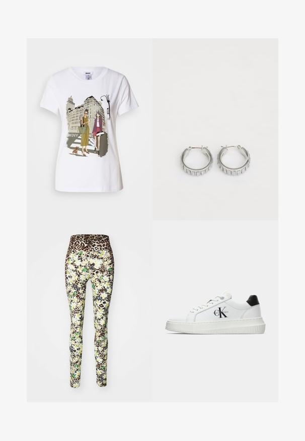 White cotton T-shirt featuring a printed illustration of two women in urban fashion styles with a dog on a crosswalk and city buildings.; Leggings featuring a leopard print waistband, floral pattern in yellow and green, fitted design, with black graphics on the lower legs.; White low-top sneaker with black heel tab, platform sole, laces, and Calvin Klein "CK" logo on the side.; Silver hoop earrings with a textured design featuring vertical ridges. Circular shape with a secure latch closure. Smooth finish.
