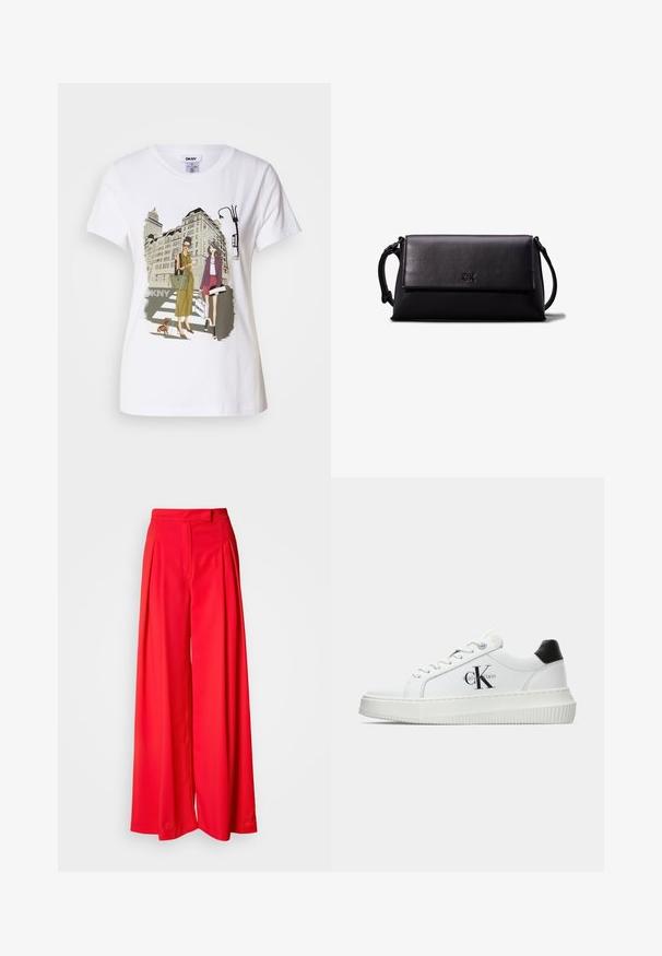 Valge puuvillane T-särk, millel on trükitud illustreerimine kahest naisest, kes kannavad linnastiili, koos koeraga ülekäigurajal ning linnamajadega.; Laiad punased püksid siledast kangast, millel on esiplekid, lame vöökoht ja kohandatud mugavus. Kujundus rõhutab voolavat siluetti.; Valge madalate sokkidega jooksutoss, millel on must konts, platvormi tallad, paelad ja Calvin Kleini "CK" logo küljel.; Mustast nahkclutch, millel on ristkülikuline kuju, sile tekstuur, lame klappkinnitus ja väike käepide külgedel. Omab peenelt logo.