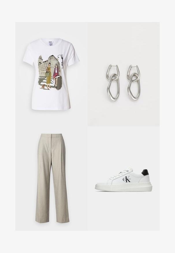 Weißes Baumwoll-T-Shirt mit einem bedruckten Motiv, das zwei Frauen in urbanen Modestilen zeigt, die mit einem Hund auf einem Zebrastreifen stehen, mit Stadtgebäuden im Hintergrund.; Helle graue, hoch geschnittene Hose mit feinen Nadelstreifen und einem leicht strukturierten Stoff. Gerade Beinform mit maßgeschneiderter Verarbeitung.; Weiße Low-Top-Sneaker mit schwarzem Fersenpatch, Plateau-Sohle, Schnürsenkeln und Calvin Klein "CK"-Logo an der Seite.; Calvin Klein STATEMENT LINKS - Ohrringe - silver-coloured