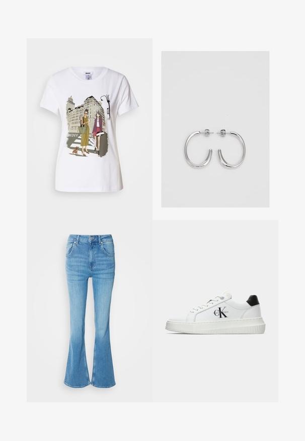 Valkoinen puuvillainen t-paita, jossa on painettu kuva kahdesta naisesta kaupunkimuotityyleissä, koirasta suojatiellä ja kaupungin rakennuksista.; Vaaleansiniset farkut, joissa on leveä lahje ja korkea vyötärö. Niissä on viisi taskua, hentoa kulutusta ja sileä pinta.; Valkoiset matalat tennarit, joissa on musta kantapää, alustasolki, nauhat ja Calvin Kleinin "CK" logo sivuilla.; Hopehopeet hopehopeet hopehopeet hopehopeet, jolla on sileä, kiiltävä pinta. Pyöreä muoto, kevyt rakenne, jossa on neulakiinnitys.