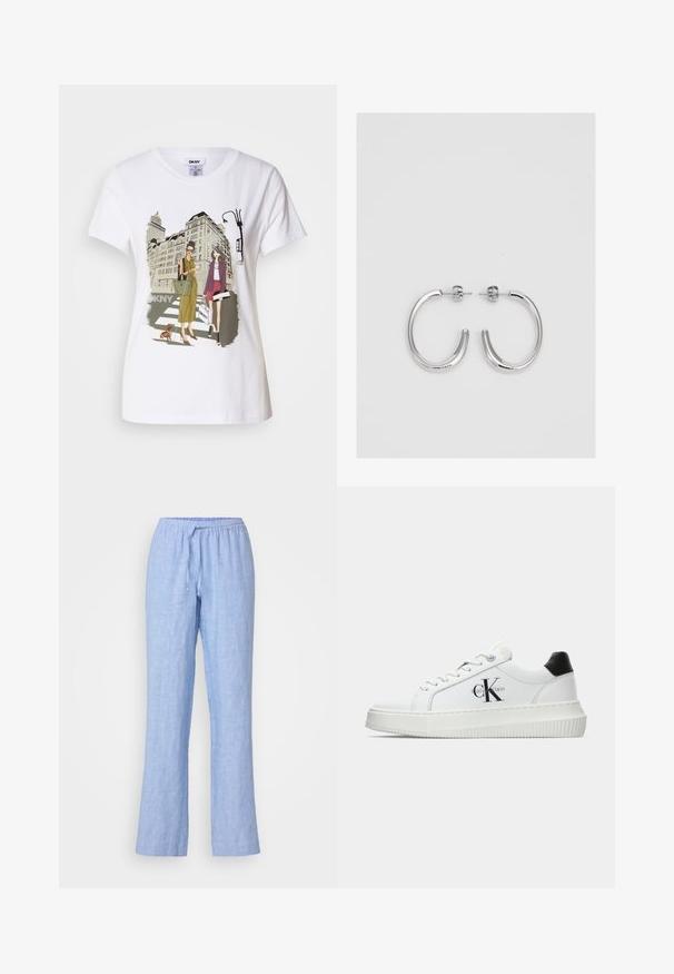 White cotton T-shirt featuring a printed illustration of two women in urban fashion styles with a dog on a crosswalk and city buildings.; Samsøe Samsøe HOYS STRING TROUSERS - Trousers - mid blue; White low-top sneaker with black heel tab, platform sole, laces, and Calvin Klein "CK" logo on the side.; Silver hoop earrings with a smooth, shiny finish. Rounded shape, lightweight design, featuring a post-back closure.