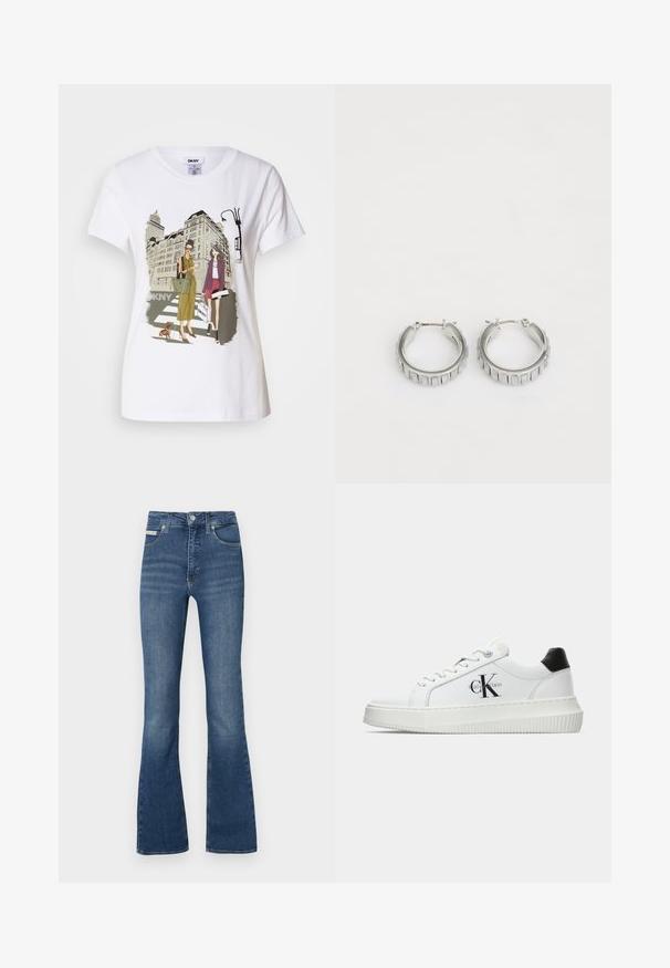 Camiseta de algodón blanca con una ilustración impresa de dos mujeres con estilos de moda urbana, un perro en un paso de peatones y edificios de la ciudad.; Jeans de mezclilla azul acampanados con cintura alta, diseño de cinco bolsillos y sutiles desgastes en la parte frontal. Cuenta con cierre de botón y cremallera.; Zapatilla baja blanca con talón negro, suela de plataforma, cordones y logotipo "CK" de Calvin Klein en el lado.; Pendientes de aro plateados con un diseño texturizado que presenta estrías verticales. Forma circular con un cierre de seguridad. Acabado suave.