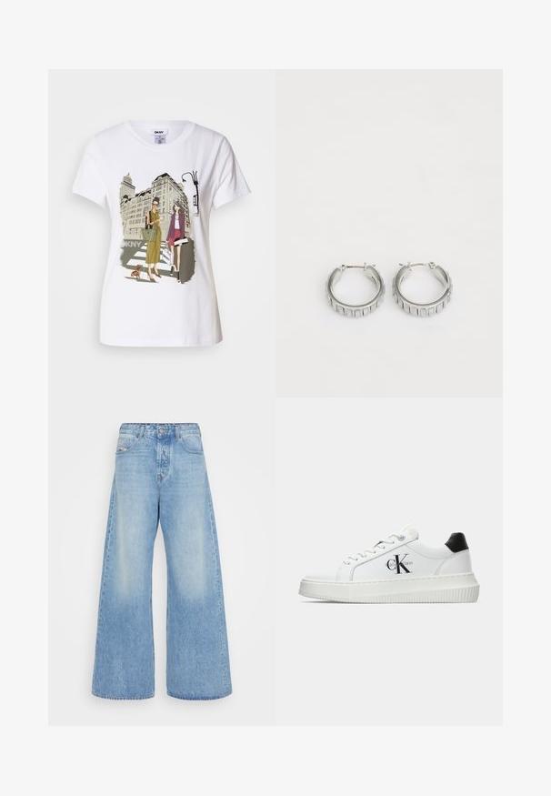 Bijela pamučna majica s printanom ilustracijom dviju žena u urbanom modnom stilu s psom na pješačkom prijelazu i gradskim zgradama.; Svijetloplave široke traperice iz denima. Imaju klasičan dizajn s pet džepova, kopčanje na gumbe i izblijeđene dijelove za vintage izgled.; Bijeli niskotoperani tenisice s crnom petom, platformom, vezicama i "CK" logotipom Calvin Kleina sa strane.; Srebrne naušnice na obruče s teksturiranim dizajnom koji sadrži vertikalne rebra. Okrugli oblik s sigurnim zatvaranjem. Glatka završna obrada.