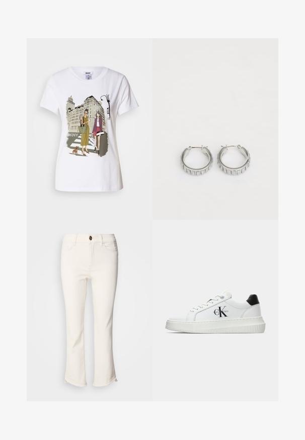 White cotton T-shirt featuring a printed illustration of two women in urban fashion styles with a dog on a crosswalk and city buildings.; White, cropped jeans with a flared bottom. Features a button closure, front pockets, and slightly frayed hem detail. Denim fabric.; White low-top sneaker with black heel tab, platform sole, laces, and Calvin Klein "CK" logo on the side.; Silver hoop earrings with a textured design featuring vertical ridges. Circular shape with a secure latch closure. Smooth finish.