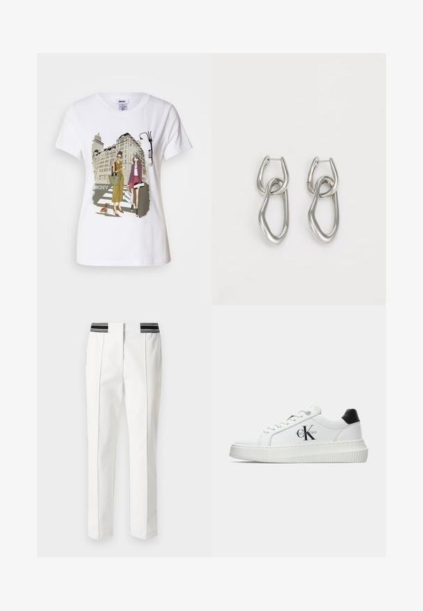 Valkoinen puuvillainen t-paita, jossa on painettu kuva kahdesta naisesta kaupunkimuotityyleissä, koirasta suojatiellä ja kaupungin rakennuksista.; Marc Cain Housut - white; Valkoiset matalat tennarit, joissa on musta kantapää, alustasolki, nauhat ja Calvin Kleinin "CK" logo sivuilla.; Calvin Klein STATEMENT LINKS - Korvakorut - silver-coloured