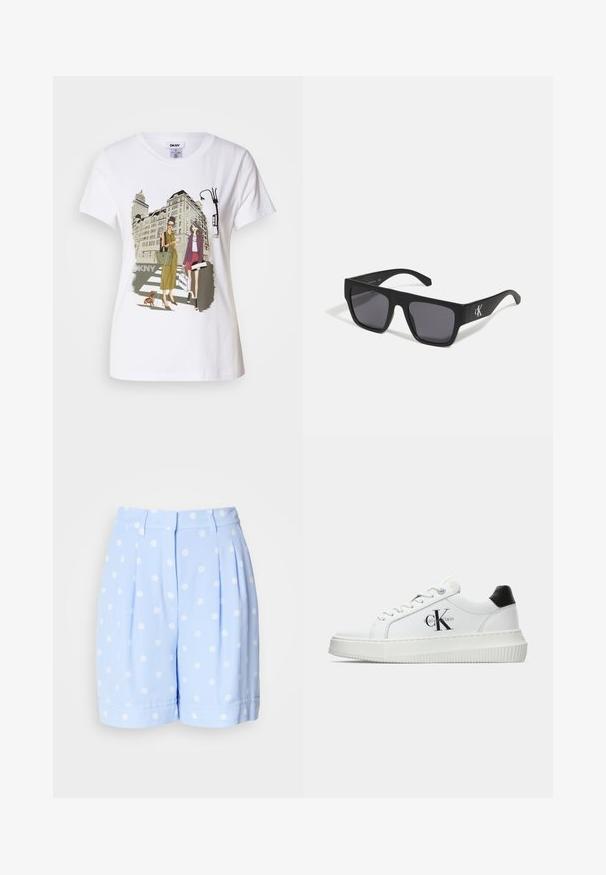 Bílý bavlněný tričko s potiskem, který zobrazuje dvě ženy v městských módních stylech se psem na přechodu a městskými budovami.; Světle modré šortky vyrobené z hladkého materiálu, zdobené bílými puntíky, s předními sklady a ohrnutými manžetami. Přizpůsobený pas s poutky na opasek.; Bílé nízké tenisky s černým patním tabem, platformovou podrážkou, tkaničkami a logem Calvin Klein "CK" na boku.; Černé sluneční brýle čtvercového tvaru s matným povrchem a šedými skly. Vyznačují se stříbrným logem na spánku. Pevný plastový rám.; Černá kožená psaníčko s obdélníkovým tvarem, hladkým povrchem, plochým víkem a malou rukojetí na boku. Obsahuje jemné logo.