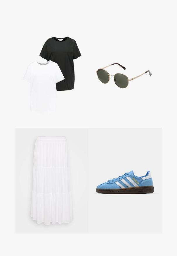 Dvé tričká s okrúhlym výstrihom v čiernej a bielej farbe. Krátke rukávy, vyrobené z mäkkej bavlnenej látky, rovný strih s voľným strihom.; Biely maxi sukňa v tierovom štýle vyrobená z ľahkého materiálu, s elastickým pásom a voľným strihom s jemnými zberovými detailmi.; Svetlomodré semišové tenisky s bielymi koženými pruhmi, hnedou štruktúrovanou podrážkou a zlatým logom. Nízky strih s okrúhlou špičkou.; Kruhové slnečné okuliare s kovovými zlatými rámami a tmavozelenými sklá. Ramená majú design z korytnačiny pre väčší detail.