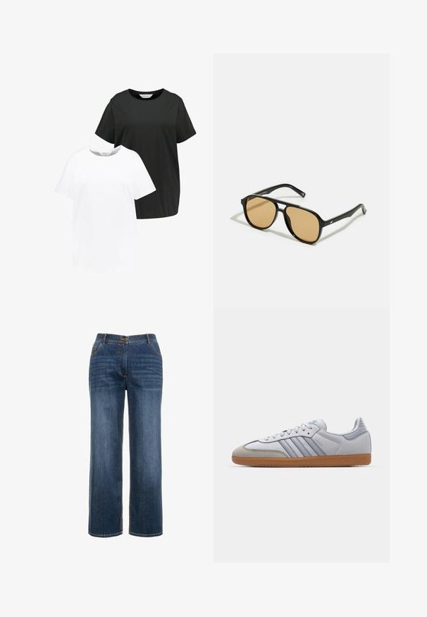 Dos camisetas de cuello redondo en negro y blanco. Manga corta, hechas de suave tejido de algodón, corte recto con un ajuste relajado.; Vaqueros de mezclilla azul oscuro con un diseño de pierna recta, bolsillos frontales, cierre de cremallera y costuras contrastantes visibles.; Zapatillas de cuero blanco con acentos en azul claro, puntera de ante gris y suela de goma marrón. Presentan tres rayas azules y la marca "Samba".; Gafas de sol negras con lentes de color marrón; forma rectangular con un marco grueso, incluyendo sutiles acentos de hardware en las patillas.