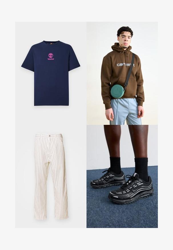 Navy blue cotton t-shirt with a round neck and short sleeves. Features a pink Timberland logo with a tree design on the chest.; Beige striped trousers with a relaxed fit, featuring vertical brown stripes, a front button closure, and side pockets.; Black Nike shoes feature a mesh upper with accent stripes, textured lacing, and a black rubber sole. Worn with black ribbed socks.; Brown hooded sweatshirt with white logo, paired with light blue pants. A circular green bag hangs from a black strap across the body.