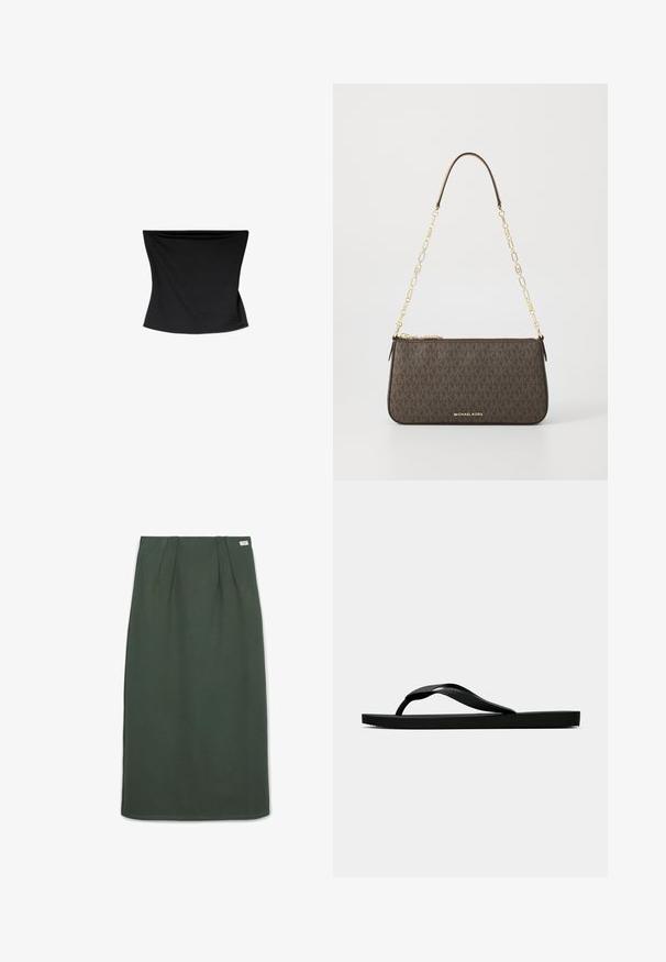 Schwarzes, dehnbares, ärmelloses Oberteil mit glatter Textur, ausgestattet mit einem weiten Ausschnitt und einem ausgestellten Saum, entworfen für eine lockere Passform.; Dunkelgrüner, gerader Midirock mit vorderen Falten und einem kleinen weißen Etikett am Bund auf weißem Hintergrund.; Schwarze Gummi-Flip-Flop-Sandale mit einem strukturierten Riemen und einfacher flacher Sohle, von der Seite auf einem schlichten hellen Hintergrund dargestellt.; Braune monogrammierte Lederhandtasche mit einer goldenen Kettenriemen, Reißverschluss und einer flachen, rechteckigen Form. Verfügt über ein eingraviertes Logo auf der Vorderseite.