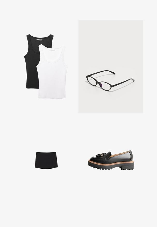 Kaksi topia esillä, yksi musta ja yksi valkoinen. Molemmissa on uritettu pinta ja leveät hihnat, joissa on pyöreä kaula-aukko.; Musta minihame, joka on valmistettu sileästä, joustavasta kankaasta; siinä on suora leikkaus, huomaamaton helma ja ei näkyviä kiinnittimiä tai kuvioita.; Mustat nahka loaferit, joissa on pyöreä kärki, koristeellinen nauhakiinnitys ja paksu musta kumipohja, jossa on kontrastiväriset ruskeat tikkaus.; Musta muovinen silmälasi, jossa on soikea muoto, läpinäkyvät linssit ja yksi violetti korostus vasemmassa linssissä. Tyylikäs, minimalistinen muotoilu.; Mustassa nahka olkalaukussa on rento muoto ja sauman yksityiskohtia. Malli on pukeutunut vaaleanpunaisiin ja valkoisiin raidallisiin paitoihin sekä leveälahkeisiin sinisiin farkkuihin.