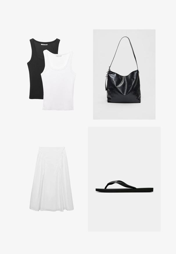 Due top in esposizione, uno nero e uno bianco. Entrambi hanno una trama a coste e spalline larghe con un collo arrotondato.; Gonna midi bianca in cotone, caratterizzata da una texture liscia, dettagli arricciati ai lati e una vita aderente per una silhouette fluida.; Infradito in gomma nera con cinturino testurizzato e suola piatta semplice, mostrati di lato su uno sfondo chiaro e uniforme.; Borsa a spalla in pelle nera con una finitura morbida e texture. Presenta un design curvo e una singola tracolla regolabile. Nessun componente metallico aggiuntivo.