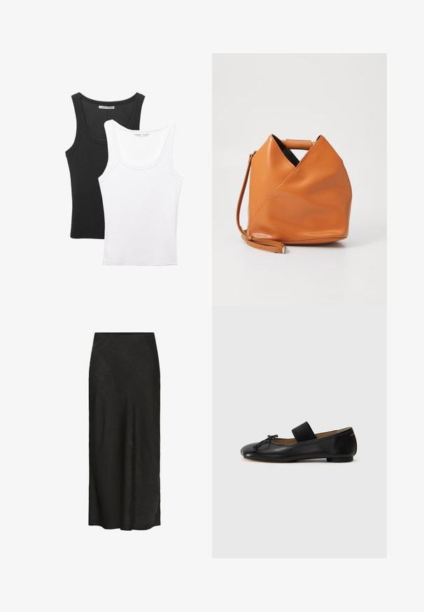Zwei Tanktops sind ausgestellt, eines schwarz und eines weiß. Beide haben eine gerippte Textur und breite Träger mit einem abgerundeten Ausschnitt.; Schwarze, bodenlange Rock aus strukturiertem Stoff. Verfügt über einen glatten Bund, leichten Fall und ein minimalistisches Design ohne zusätzliche Details.; Schwarze Ballerinas aus Leder mit einer abgerundeten Spitze, einem kleinen Knotendetail und einem elastischen Riemen über dem Spann für einen sicheren Sitz. Flache Sohle.; Braune Lederhandtasche mit einzigartigem dreieckigem Faltendesign, Obergriff und abnehmbarem Schultergurt auf weißem Hintergrund.