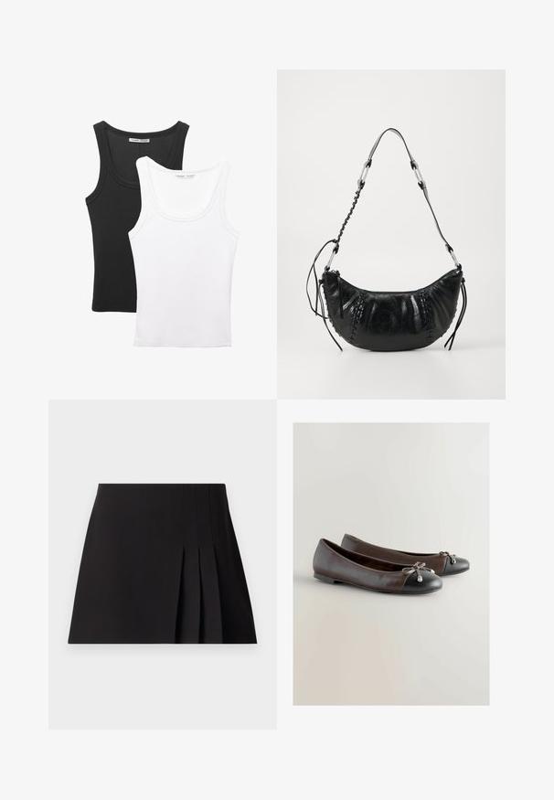 Dvě tílka vystavená, jedno černé a jedno bílé. Obě mají žebrovanou strukturu, široká ramínka a kulatý výstřih.; Černá plisovaná mini sukně vyrobená z hladké tkaniny. Má přiléhavý pas a jemné prošívání podél plisování pro texturu.; Hnědé kožené baletní byty s černou špičkou, malou mašlí a dekorativním perlovým detailem. Měkká textura, nízký profil.; Černá kožená taška zakřiveného tvaru, se strukturovaným povrchem, tkanými detaily a odnímatelným popruhem se stříbrnými kovovými doplňky.