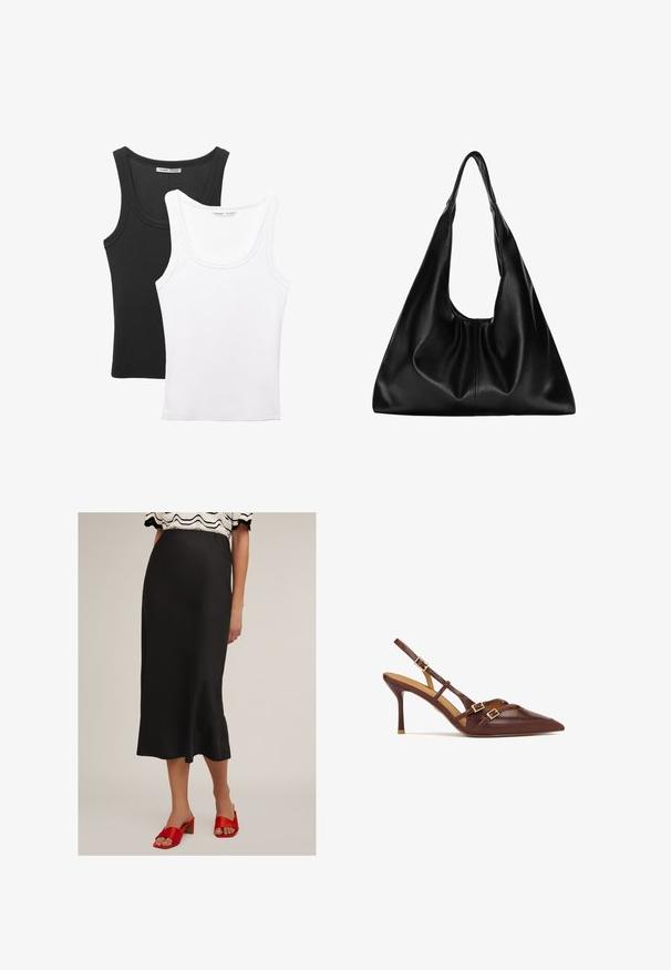 Două tricouri de tip top expuse, unul negru și unul alb. Ambele au o textură ribbed, cu bretele late și un decolteu rotund.; Fustă midi din satin negru, cu o textură netedă, având o ușoară volan la margine, asortată cu sandale cu toc bloc roșu.; Cizme slingback din piele maro cu vârf ascuțit, toc subțire de tip stiletto și accente din hardware auriu. Prezintă curele care se încrucișează pe baza piciorului.; Geantă hobo din piele neagră, cu o formă moale și curbată. Prezintă un mâner lat în partea de sus și pliuri la bază pentru o textură lejeră.