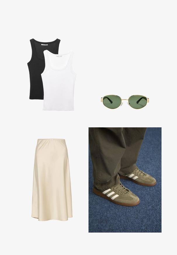 Kaksi topia esillä, yksi musta ja yksi valkoinen. Molemmissa on uritettu pinta ja leveät hihnat, joissa on pyöreä kaula-aukko.; Beige satiini A-linjainen hame, jossa on joustava vyötärö, sileä pinta ja virtaava siluetti, joka kapenee lempeästi helmaa kohti.; Vihreät mokkanahkakengät, joissa on kolme valkoista raitaa, ruskea kumipohja ja teksturoitu nauhoitus, yhdistettyinä oliivinvihreisiin housuihin sinisellä matolla.; Kultaiset metallikehyksiset aurinkolasit, joissa on vihreät sävytetyt linssit, soikea muoto, mustat sankaluvat ja kirkkaat nenätyynyt. Siisti, minimalistinen muotoilu.; Olivinvihreä kantokassi, jossa on kaksoiskahvat, sileä pinta ja metallinen logokoriste. Pyöreä muoto, jossa on sivupaneelit; yhdistettynä sinisiin housuihin.