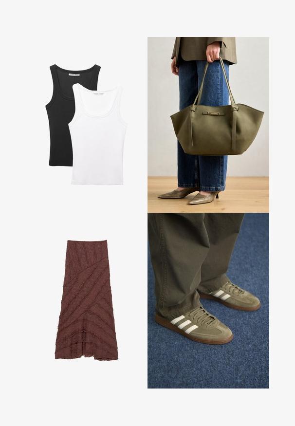 Kaksi topia esillä, yksi musta ja yksi valkoinen. Molemmissa on uritettu pinta ja leveät hihnat, joissa on pyöreä kaula-aukko.; Ruskean tekstuurin hame, jossa on kerroksellinen, aaltoileva muotoilu ja vinot kuviot, rypytettyjä koristeita reunoilla ja liehuva siluetti.; Vihreät mokkanahkakengät, joissa on kolme valkoista raitaa, ruskea kumipohja ja teksturoitu nauhoitus, yhdistettyinä oliivinvihreisiin housuihin sinisellä matolla.; Olivinvihreä kantokassi, jossa on kaksoiskahvat, sileä pinta ja metallinen logokoriste. Pyöreä muoto, jossa on sivupaneelit; yhdistettynä sinisiin housuihin.