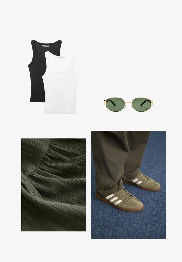 Två linnen visas, ett svart och ett vitt. Båda har en ribbad textur och breda axelband med rundad halsringning.; Grön veckad tyg närbild, med en mjuk, texturerad yta som har tunna, vågiga linjer och ett lätt, flöde utseende.; Gröna mockaskor med tre vita ränder, brun gummisula och texturerade snörningar, kombinerade med olivgröna byxor på en blå matta.; Guldmetallramade solglasögon med gröna tonade linser, oval form, svarta skalmar och klara näsaskar. Rent, minimalistiskt design.; Olivgrön tote-väska med dubbla handtag, slät yta och en metallogotyp. Rundad form med sidopaneler; tillsammans med blå byxor.