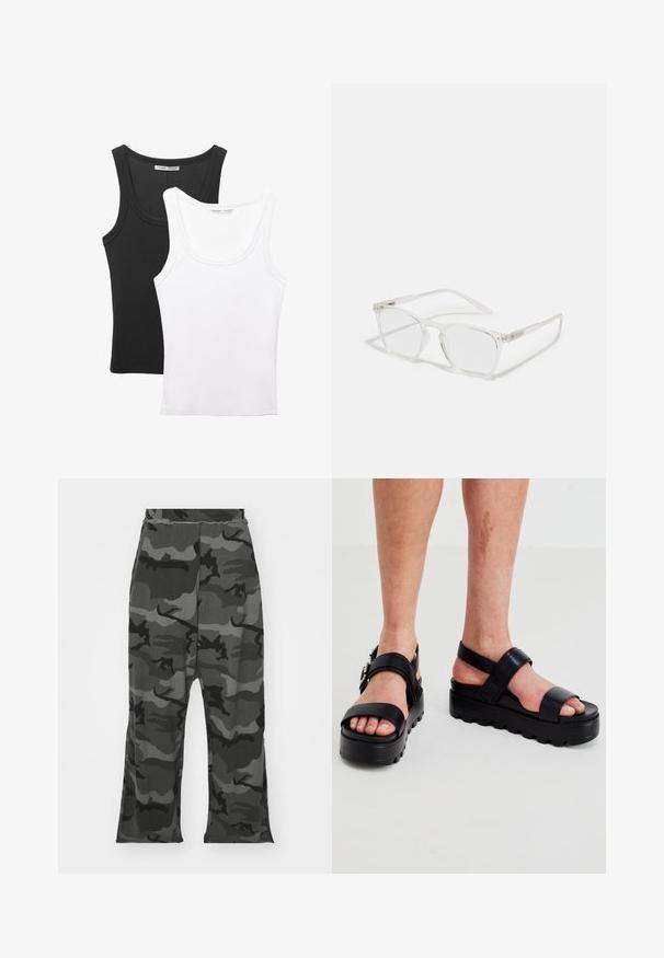 Dvě tílka vystavená, jedno černé a jedno bílé. Obě mají žebrovanou strukturu, široká ramínka a kulatý výstřih.; Maskovací tepláky v odstínech černé a šedé, s elastickým pasem, pohodlným střihem a mírnými rozparky na spodní části nohavic.; Černé platformové sandály vyrobené z kůže, s širokými pásky, nastavitelné s přezkou a s texturovanou gumovou podrážkou. Design zahrnuje otevřenou špičku a patu.; CHPO ZEBBE UNISEX - Brýle s filtrem modrého světla - transperent; Černá kožená kabelka s pletenými rukojetmi, kapsou na zip a visícími třásněmi. Texturovaný povrch s kovovými hroty a kovovými akcenty.