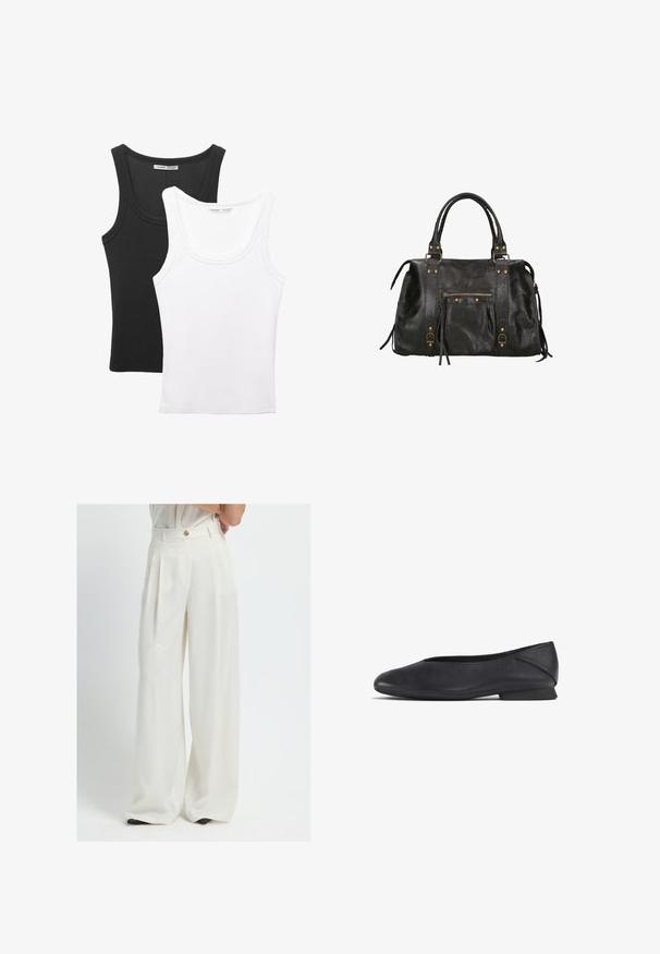 Zwei Tanktops sind ausgestellt, eines schwarz und eines weiß. Beide haben eine gerippte Textur und breite Träger mit einem abgerundeten Ausschnitt.; Weite Hosen aus weißem Stoff mit hoher Taille, vorderen Falten und einem goldenen Knopfverschluss. Glatte Textur mit tailliertem Schnitt.; Schwarze Lederflats mit runder Zehenpartie und niedrigem Absatz, geeignet für Freizeit- oder formelle Anlässe.; Schwarze Lederhandtasche mit doppelten Obergriffen, einer Reißverschlusstasche auf der Vorderseite und goldfarbenen Hardwareakzenten. Strukturiert Oberfläche mit seitlichen Quasten.