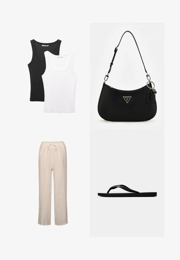 Dvě tílka vystavená, jedno černé a jedno bílé. Obě mají žebrovanou strukturu, široká ramínka a kulatý výstřih.; Lněné kalhoty v světle béžové barvě s elastickým páskem a tkaničkou, s volným střihem a rovnou nohavicí.; Černé gumové žabky s texturovaným páskem a jednoduchou plochou podrážkou, zobrazené z boku na světlém pozadí.; Černá syntetická taška přes rameno s zakřivenou siluetou, strukturovaným povrchem, zlatým trojúhelníkovým logem a odnímatelnými kovovými akcenty.