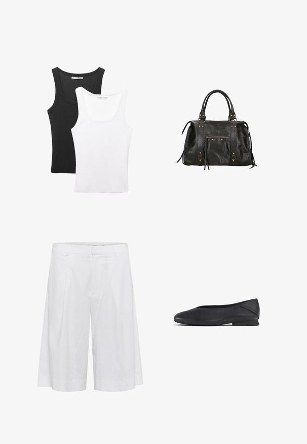 Due top in esposizione, uno nero e uno bianco. Entrambi hanno una trama a coste e spalline larghe con un collo arrotondato.; Pantaloni shorts bianchi in lino con una vestibilità ampia, caratterizzati da una gamba larga, pieghe frontali e una texture liscia per favorire la traspirabilità.; Scarpa piatta nera in pelle con punta arrotondata e tacco basso, progettata per un uso casual o formale.; Borsa a tracolla in pelle nera con doppi manici superiori, tasca frontale con zip e dettagli in metallo dorato. Superficie texturizzata con nappine laterali.