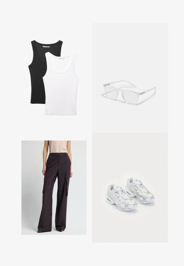 Two tank tops displayed, one black and one white. Both have a ribbed texture and wide straps with a rounded neckline.; Wide-leg cargo pants in dark burgundy with vertical pinstripes, featuring two large side pockets and a tailored waistband for a structured fit.; White athletic shoes featuring a mesh upper with silver accents, a unique shape, and air cushioning in the heel. Laced design with logo.; CHPO ZEBBE UNISEX - Blue light glasses - transperent; Camouflage duffel bag with a synthetic fabric, black straps, top handle, and front zippered pocket; features green, brown, and beige patterns.