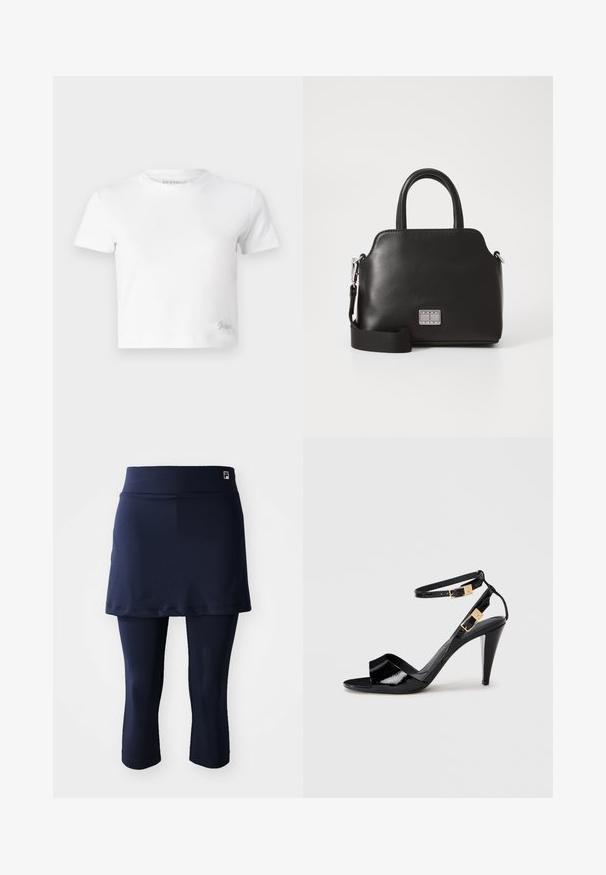 Balta trumpa marškinėlių suapvalinta iš lygios medvilnės, su aukštu iškirpimu ir trumpomis rankovėmis. Mažas išsiuvinėtas logotipas apatinėje kampe.; Tamsiai mėlynas sportinis sijonas su prigludusiomis kapri kelnėmis. Pagamintas iš lygaus audinio, turi platų juosmens dirželį ir mažą logotipą ant juosmens.; Juodų laisvalaikio aukštakulnių sandalų iš patentuotos odos su dvigubais kulkšnies užsegimais ir auksinėmis sagtimis, atvira koja ir siauru kūgio formos kulnu, ant neutralaus fono.; Juodas sintetinės medžiagos rankinės su viršutinėmis rankenomis, nuimamu peties diržu, apvalia forma, lygia tekstūra ir sidabriniu logotipo akcentu priekyje.
