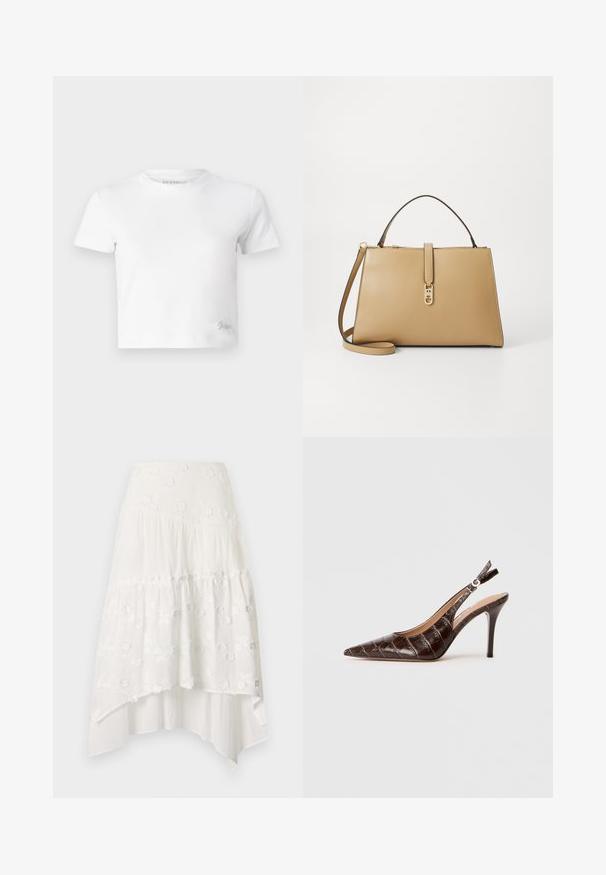 White cropped t-shirt made of smooth cotton, featuring a high neckline and short sleeves. Small embroidered logo in the bottom corner.; White, tiered skirt with floral embroidery. Features a fitted waistband and flowing, layered fabric, creating an asymmetric hemline.; Brown, crocodile-embossed leather slingback pump with pointed toe, open sides, and a thin high heel. Designed with a buckle adjustment.; Tommy Hilfiger LIBRE SATCHEL - Handbag - safari