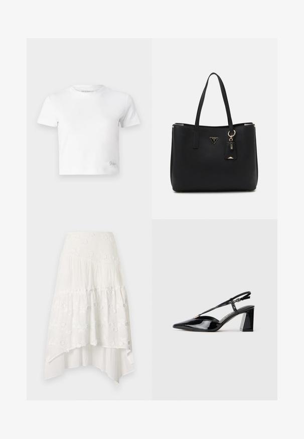 T-shirt blanc court en coton lisse, avec un col haut et des manches courtes. Petit logo brodé dans le coin inférieur.; Jupe blanche à volants avec broderie florale. Dotée d'une taille ajustée et d'un tissu fluide en couches, créant un ourlet asymétrique.; Chaussures à talons hauts en cuir verni noir, avec un bout pointu, une sangle réglable et un talon rectangulaire épais.; Sac fourre-tout noir en matériau synthétique texturé, avec deux anses, une plaque logo dorée et une petite étiquette avec un détail accentué.