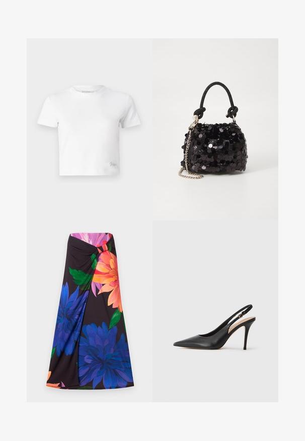 T-shirt blanc court en coton lisse, avec un col haut et des manches courtes. Petit logo brodé dans le coin inférieur.; Jupe maxi florale avec un fond noir, mettant en avant de grandes fleurs bleues et orange. Design noué à la taille avec un accent rouge. Tissu doux.; Escarpin à talon haut en cuir noir avec un bout pointu, une texture lisse et une délicate bride avec une boucle métallique.; Mini sac à main en sequins noirs avec une bandoulière texturée nouée et une chaîne argentée. Forme arrondie avec un haut froncé et des détails réfléchissants.