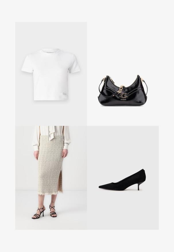 T-shirt blanc court en coton lisse, avec un col haut et des manches courtes. Petit logo brodé dans le coin inférieur.; Jupe tricotée texturée beige avec une fente sur le côté et un ourlet effiloché. Associée à des sandales à talons hauts noires à lanières. Présentée sous une blouse blanche.; Chaussure à talon haut en suede noir avec un bout pointu et un talon fin et bas. Texture lisse avec un design épuré, sans matériel visible.; Sac en cuir verni noir avec un design courbé, des accents en métal doré et un logo bien en évidence. Comprend une bandoulière amovible.