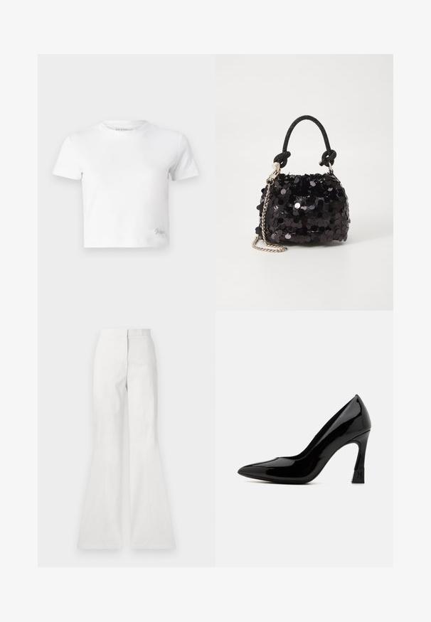 Hvit, cropped t-skjorte laget av glatt bomull, med høy hals og korte ermer. Liten brodert logo i nederste hjørne.; Hvite vide bukser laget av lett stoff, med en jevn tekstur, detaljer med søm foran og en tettsittende midjebånd.; Sorte patentlær høye hæler med spiss tå og blokkhels som har en logo detalj. Glatt, skinnende overflatestruktur.; Svart paljettmini-veske med en knyttet teksturert stropp og sølvkjede. Rund form med samlet topp og reflekterende detaljer.