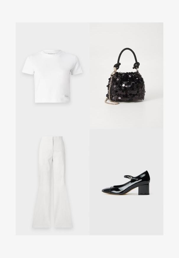 Camiseta blanca corta hecha de algodón suave, con un cuello alto y mangas cortas. Pequeño logo bordado en la esquina inferior.; Pantalones acampanados blancos hechos de tejido ligero, con una textura suave, detalle de costura frontal y una cinturilla ajustada.; Zapato Mary Jane de charol negro con tacón bloque y correa con hebilla, presentado de lado sobre un fondo blanco.; Bolso de mano mini negro con lentejuelas, con una correa de textura anudada y cadena plateada. Forma redondeada con parte superior fruncida y detalles reflectantes.