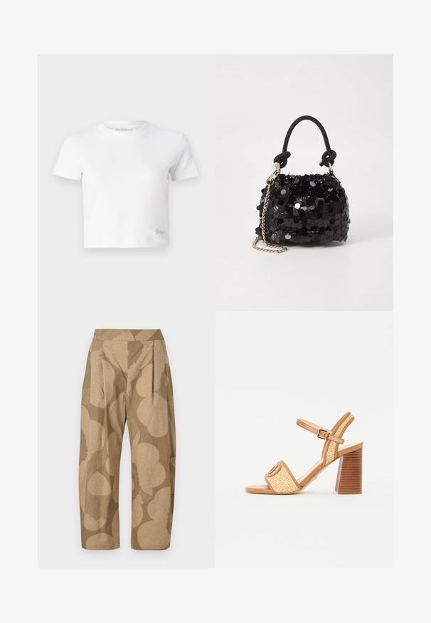 Valge lühike t-särk, mis on valmistatud siledast puuvillast, kõrge kaelusega ja lühikeste varrukatega. Väike tikand logoga alumises nurgas.; Beežid püksid suure lillelise mustriga heledamates toonides. Omavad kõrget vöökohal, voldikesi ja laia lõiget. Valmistatud kergest kangast.; Pruun nahast ja kootud õlgedest kontsakingad, millel on pahkluu rihm, avatud varvas ja tumesinine puidust stiilis konts, millel on horisontaalsed triibud.; Must have mustrõngus mustal sädelev mini käekotil on sõlme tekstuuriga rihm ja hõbedane ketis. Ümar kuju, kokku kogutud ülaosa ja peegeldav detail.