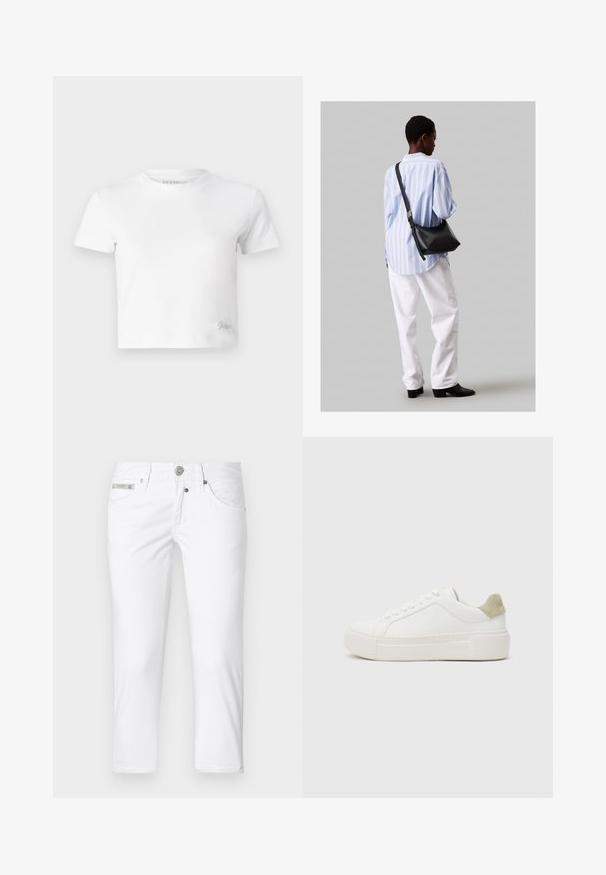 Hvit, cropped t-skjorte laget av glatt bomull, med høy hals og korte ermer. Liten brodert logo i nederste hjørne.; Hvite denimbukser med slim passform, fem lommer og knappelukking. Har en metallisk logo aksent på midjebåndet. Jevn tekstur.; Hvit sneaker med en glatt lær-overdel, lys grå swede hæl-aksent og en kraftig hvit gummisåle. Har en snøring design.; Svart lær skulderveske med en myk tekstur, trekantet form og justerbar stropp, kombinert med en lyseblå stripete skjorte og hvite bukser.