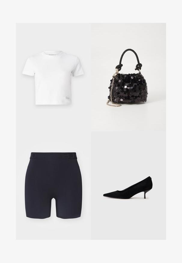 T-shirt cropped branco feito de algodão suave, com um decote alto e mangas curtas. Pequeno logótipo bordado no canto inferior.; Bermudas azul-marinho feitas de material elástico. Apresentam uma cintura elástica grossa com um detalhe de marca. O design é ajustado ao corpo e tem uma textura suave.; Sapato de salto alto em camurça preta com bico afunilado e salto baixo e fino. Textura suave com um design elegante, apresentando nenhum hardware visível.; Mala mini preta de lantejoulas com uma alça texturizada em nó e corrente prateada. Forma arredondada com parte superior pregueada e detalhes reflexivos.