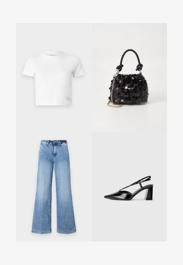Bijela skraćena majica izrađena od glatkog pamuka, s visokim izrezom i kratkim rukavima. Mali izvezeni logo u donjem kutu.; Svijetloplave traper široke hlače s visokim strukom, s prednjim kopčanjem na gumb, petljama za remen i prošivenim detaljima na džepovima.; Crne lakirane kožne cipele s otvorenom petom, visoke potpetice, šiljastog prsta, podesivom trakom i debelim pravokutnim potplatom.; Crna mini torbica sa šljokicama, s čvorastim teksturiranim remenom i srebrnim lancem. Zaobljenog oblika s naboranim vrhom i reflektivnim detaljima.