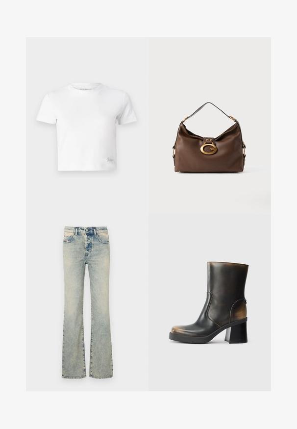 Balts īsais T-krekls, izgatavots no gludas kokvilnas, ar augstu kakla izgriezumu un īsām piedurknēm. Neliels izšūts logo apakšējā stūrī.; Gaiši zili platā stila džinsi, izgatavoti no denima, ar piecu kabatu dizainu, šuvju detaļām un parastu jostasvietu ar pogu aizdari.; Melnas ādas potītes zābaki ar spīdīgu apdari, noapaļota purngala forma, kontrastējoši brūni akcenti, bloks papēdis un sānu rāvējslēdzējs.; Brūna ādas rokassoma ar teksturētu virsmu, kurai ir zelta toņa aparatūras sprādze un viena izliekta plecu siksna.