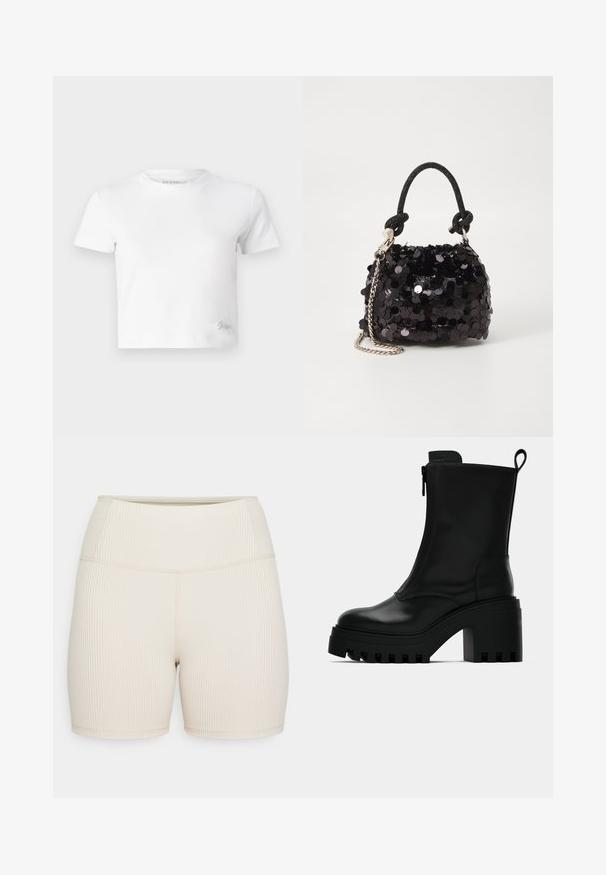 White cropped t-shirt made of smooth cotton, featuring a high neckline and short sleeves. Small embroidered logo in the bottom corner.; Beige ribbed shorts with a high waistband. Smooth texture, fitted design, and a mid-thigh length. No visible hardware or patterns.; Black leather ankle boot with chunky lug sole, block heel, side zipper, and pull tab at the back on plain white background.; Black sequin mini handbag with a knotted textured strap and silver chain. Rounded shape with gathered top and reflective detailing.